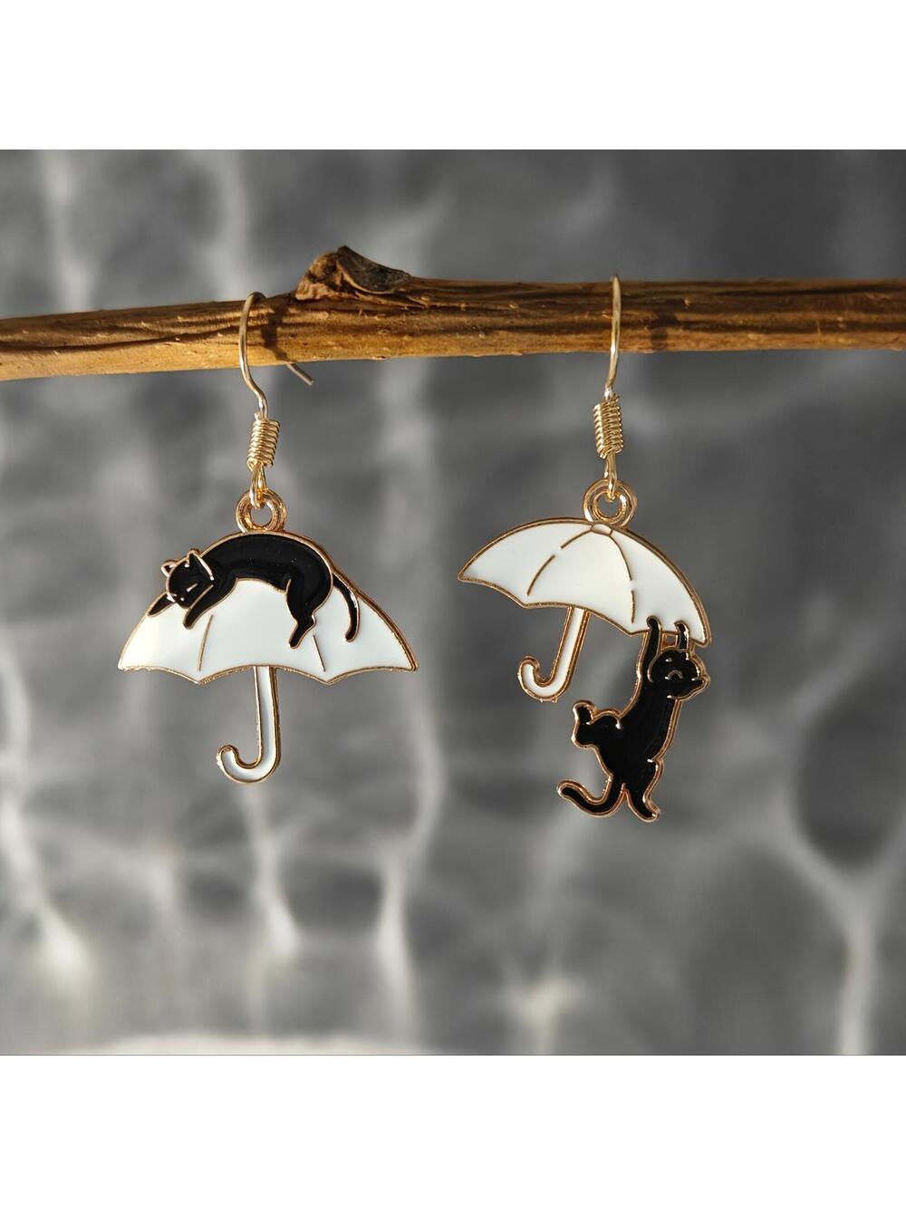 Black Cat and Umbrella Dangle Earrings Gold Tone Enamel